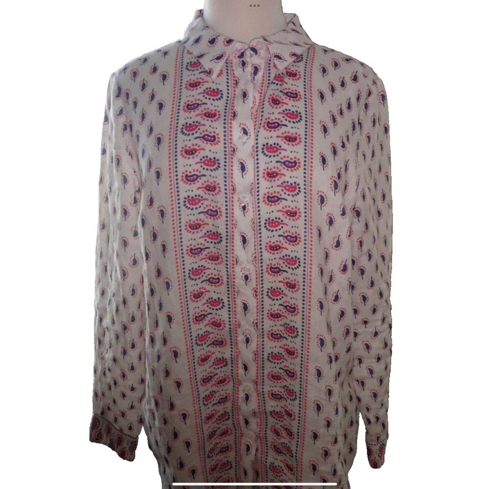 Boden Women's Button Down Shirt Size 10 White Red Blue Paisley Long Sleeve Top